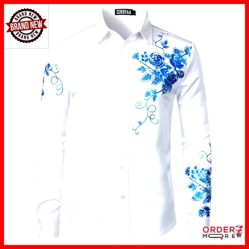 Slim Fit Long Sleeve Button Down Shirt Floral Print Stretch Polyester Blend